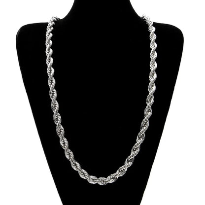 Silver rope chain necklace on a black mannequin bust.