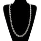 Silver rope chain necklace on a black mannequin bust.
